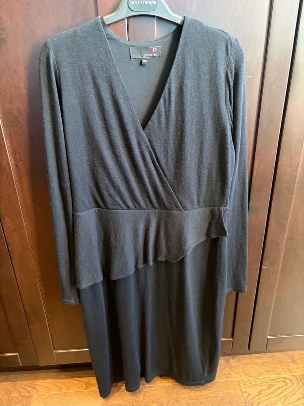 Laura Black Long Sleeve Wrap-Style Peplum Dress